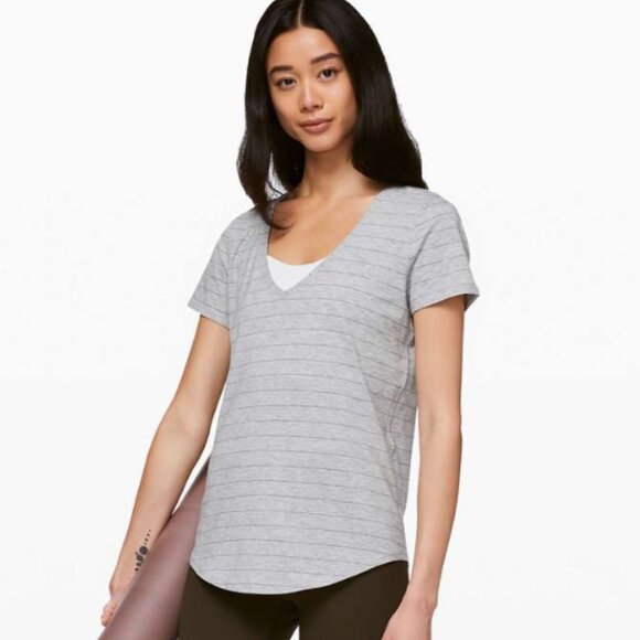 Lululemon Love Tee V Short Serve Stripe Heathered Core Light Grey Sage 10 - Picture 2 of 16